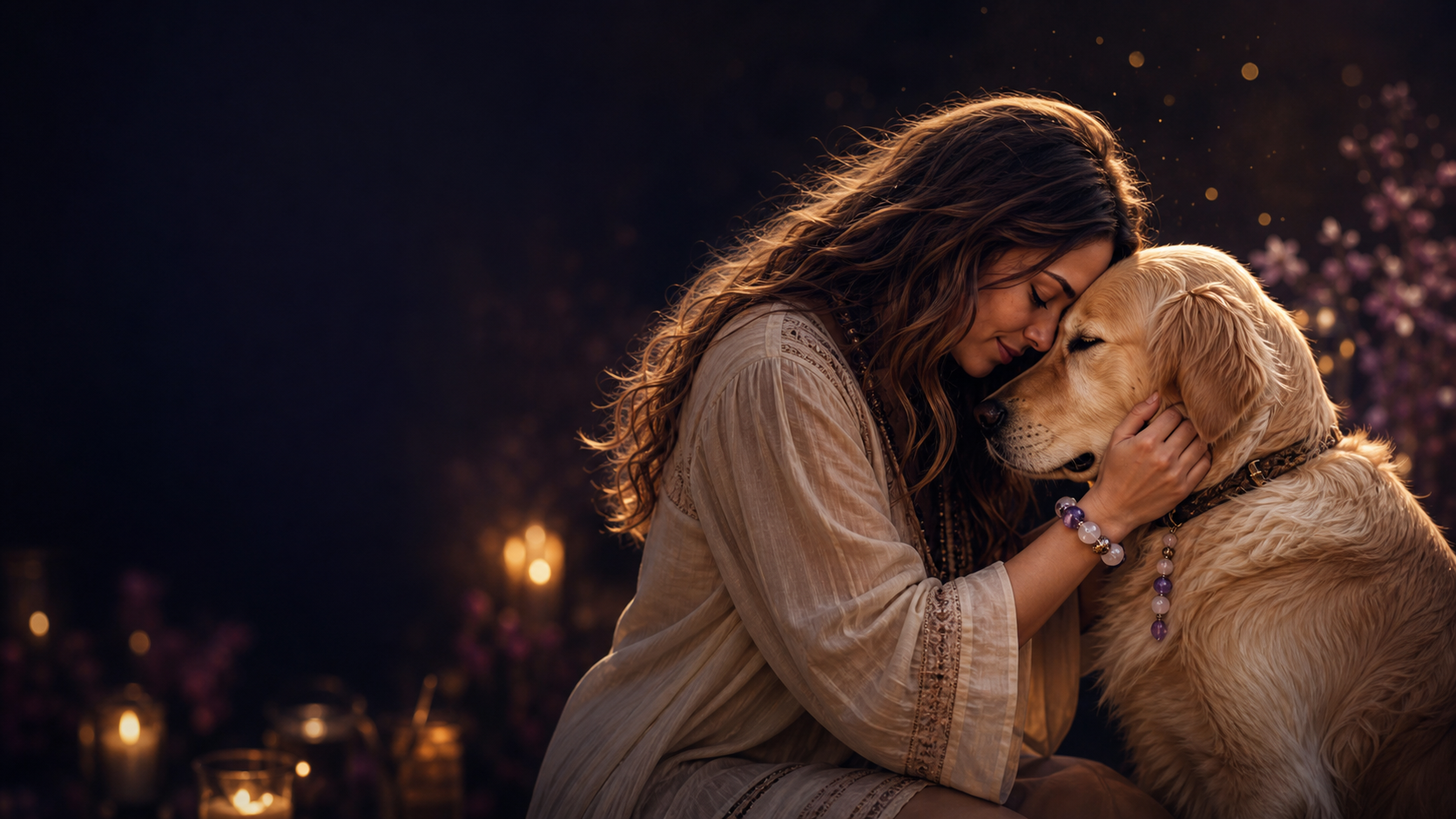 Human and pet soul bond ritual scene
