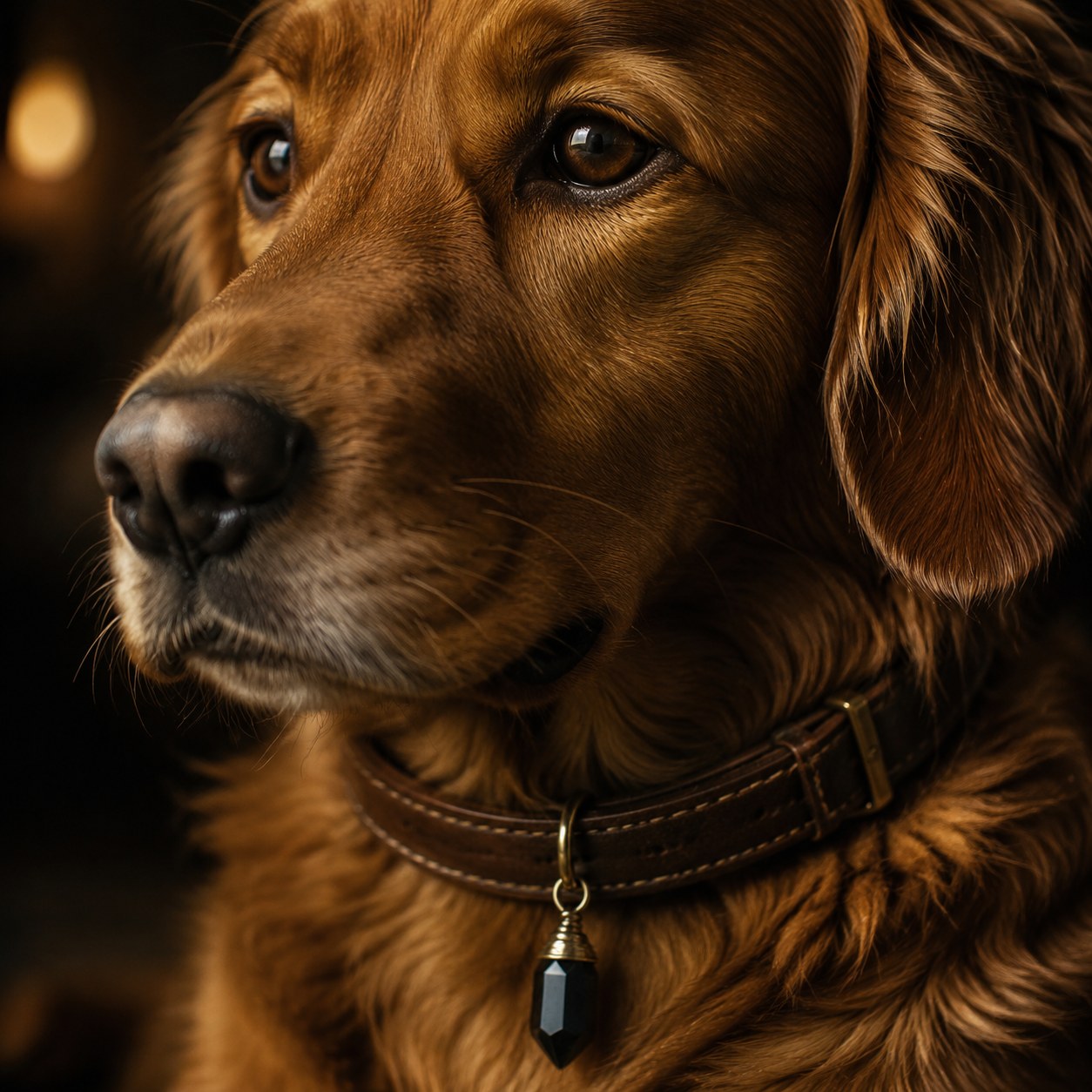Pet collar charm worn by a companion
