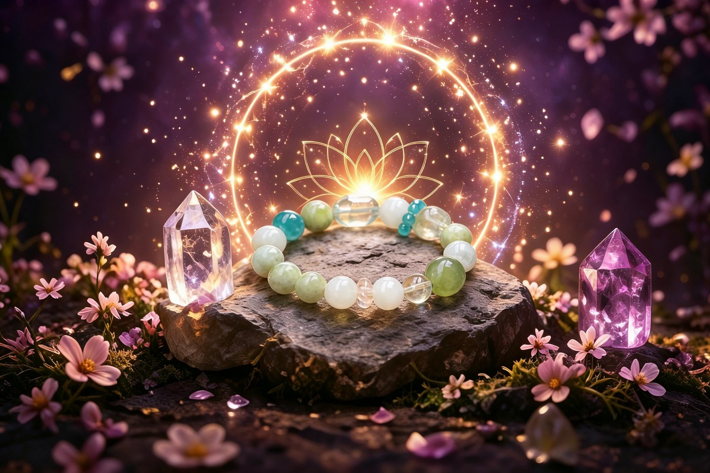 Spring bracelet resting between crystals and blossoms
