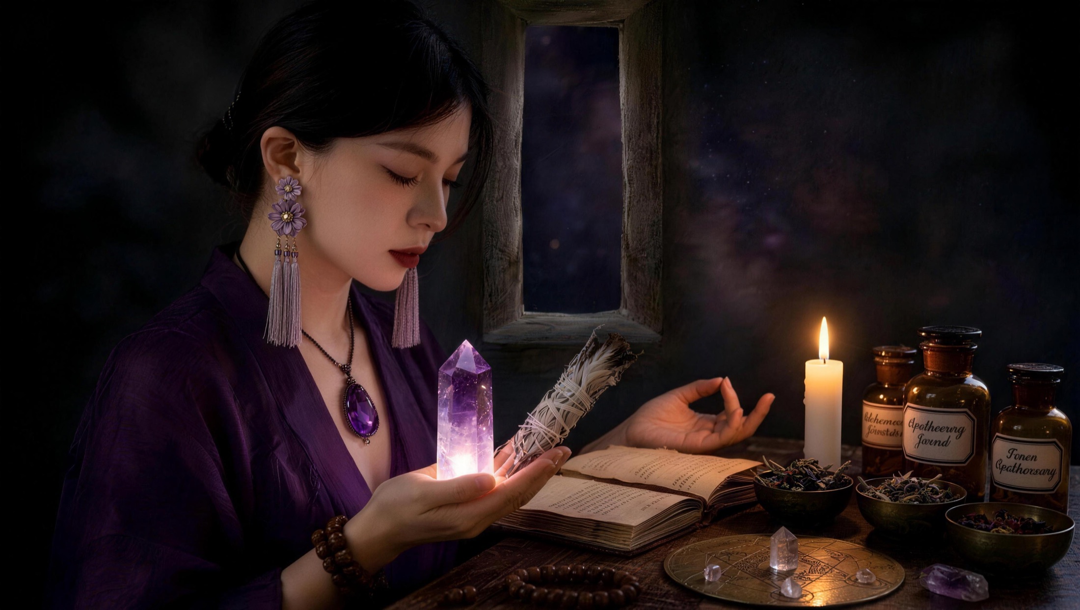 Founder ritual desk with crystal, candle, and herbs